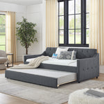 Twin Size Upholstery DayBed with Twin Size Erectable Trundle and USB Charging Design, Linen Dark Gray W1413S00028-djyc