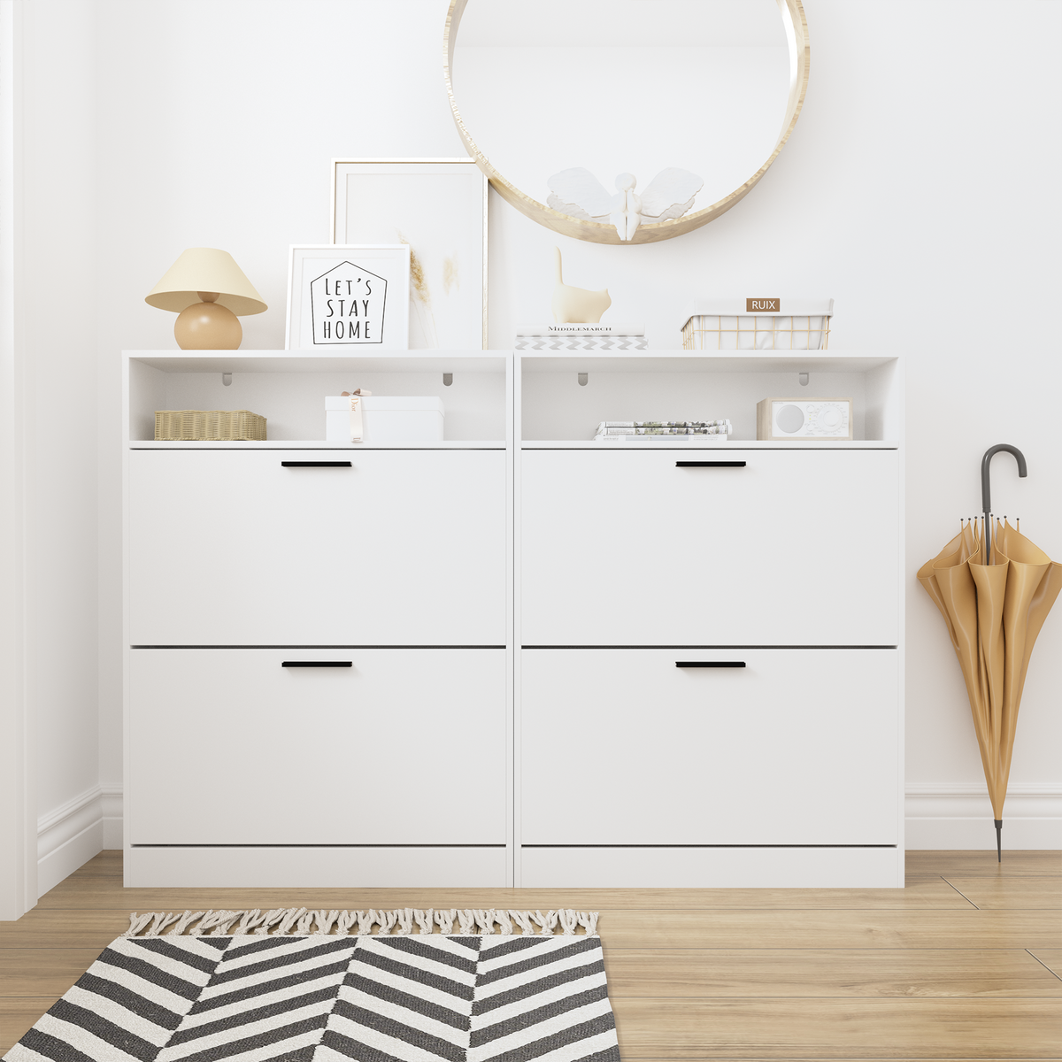 Shoe Storage Cabinet with 2 Flip Drawers, Sturdy Wood Hidden Shoe Storage, Freestanding Narrow Slim Shoe Organizer for Front Door Entrance, Living Room, Hallway, Bedroom (White) W808P174805-djyc