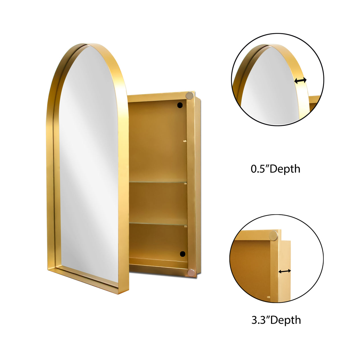 24x36 Inch Arched Recessed Medicine Cabinet, Metal Framed Bathroom Wall Cabinet with Mirror and Adjustable Shelves, Wall Mirror with Storage for Bathroom, Matte Gold W1435P182923-djyc