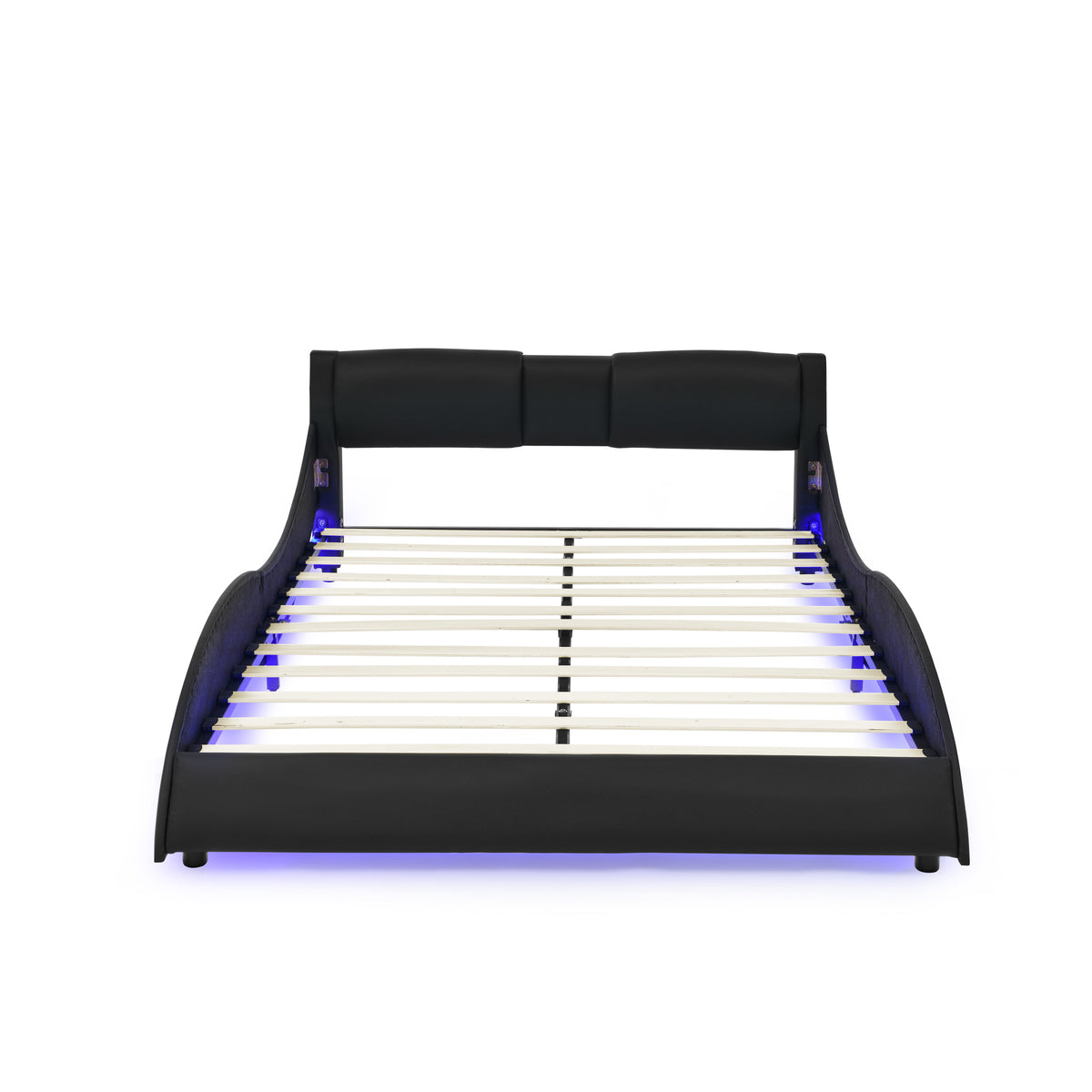 Queen Led Bed Frame Modern Faux Leather Upholstered Platform Bed Frame with RGB LED Lights and Headboard Wave Like Curve Low Profile Bed Frame,Wood Slats Support,Easy Assembly, Black W487P169716-djyc