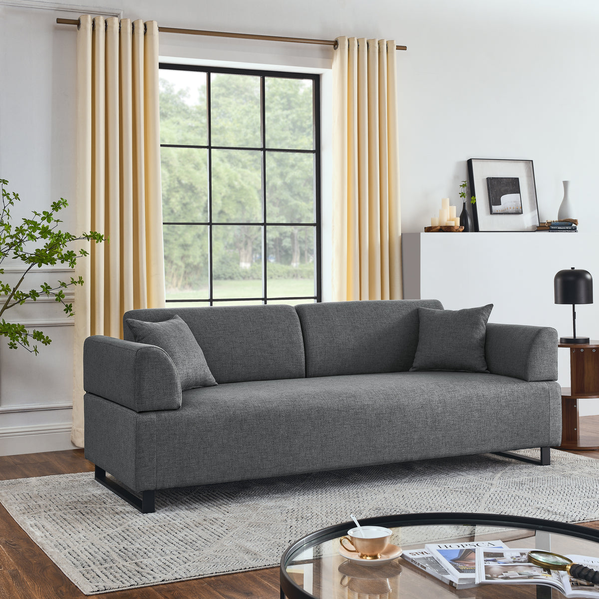 Linen Fabric 3 Seat Sofa with Two End Tables and Two Pillows, Removable Back and Armrest, Morden Style Upholstered 3-Seat Couch for Living Room W487139512-djyc