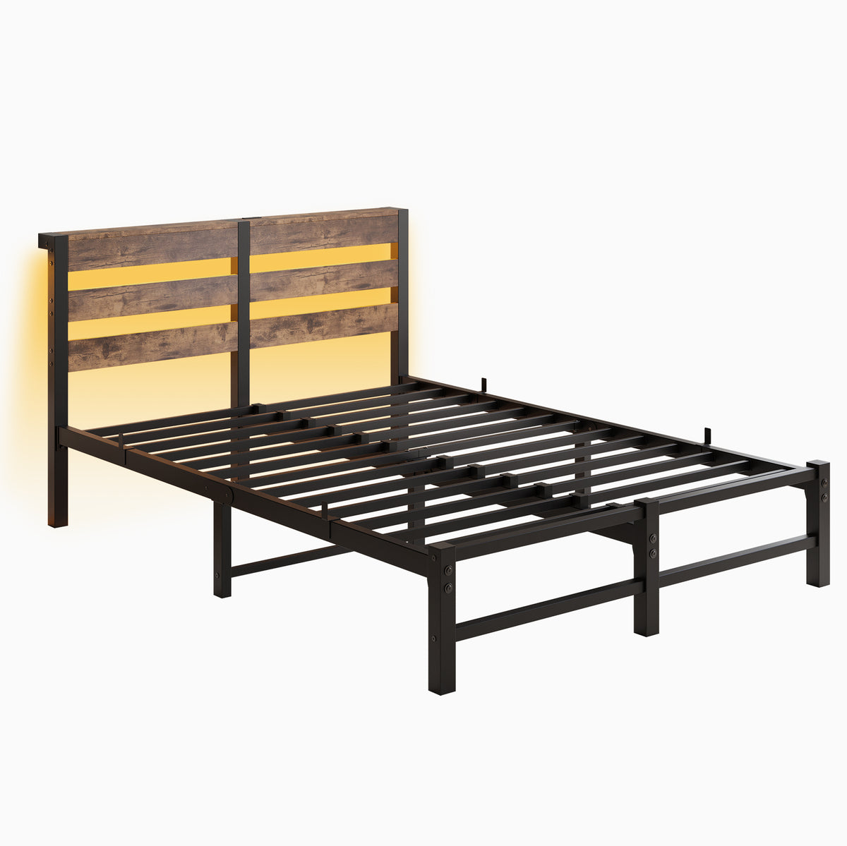 Full SizeMetal Bed Frame with Wooden Headboard, RGB Lights,Charger, Storage Shelf, Noise-Free, No Box Spring Needed,Rustic Brown W840P209896-djyc