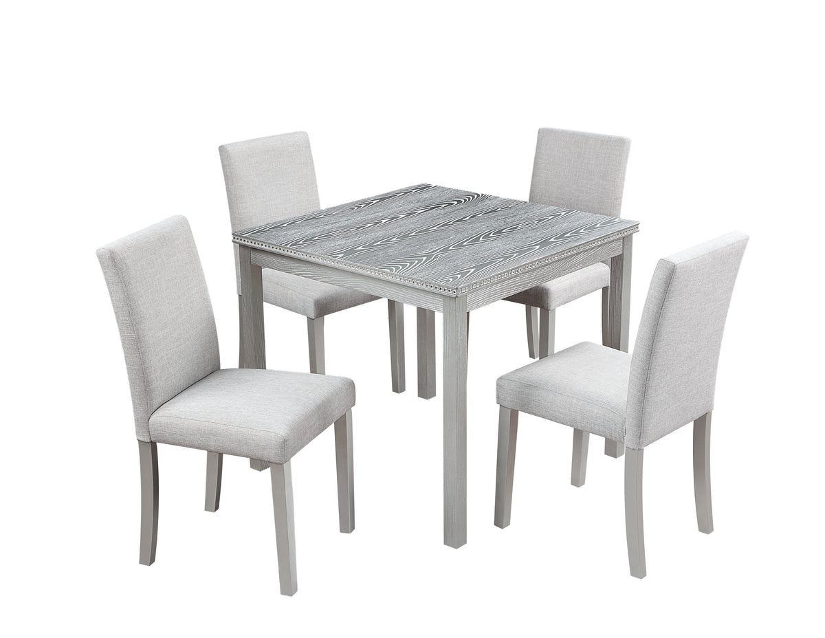 5 Piece Wooden Dining Table Set, Kitchen Table Set with a Square Table and 4 Upholstered Chairs, Wooden Dining Room Table with Crystal Decoration and Chairs Set for Kitchen, Dining Room, Silver grey W1998S00042-djyc