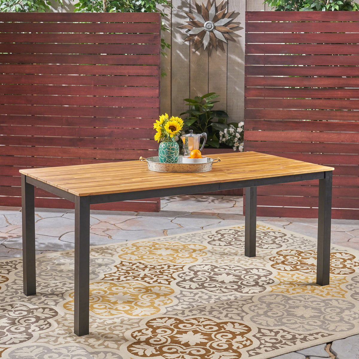 Slatted Acacia Wood Outdoor Dining Table – Tastefully Crafted with Iron Legs for a Stylish Outdoor Dining Experience 64274-djyc