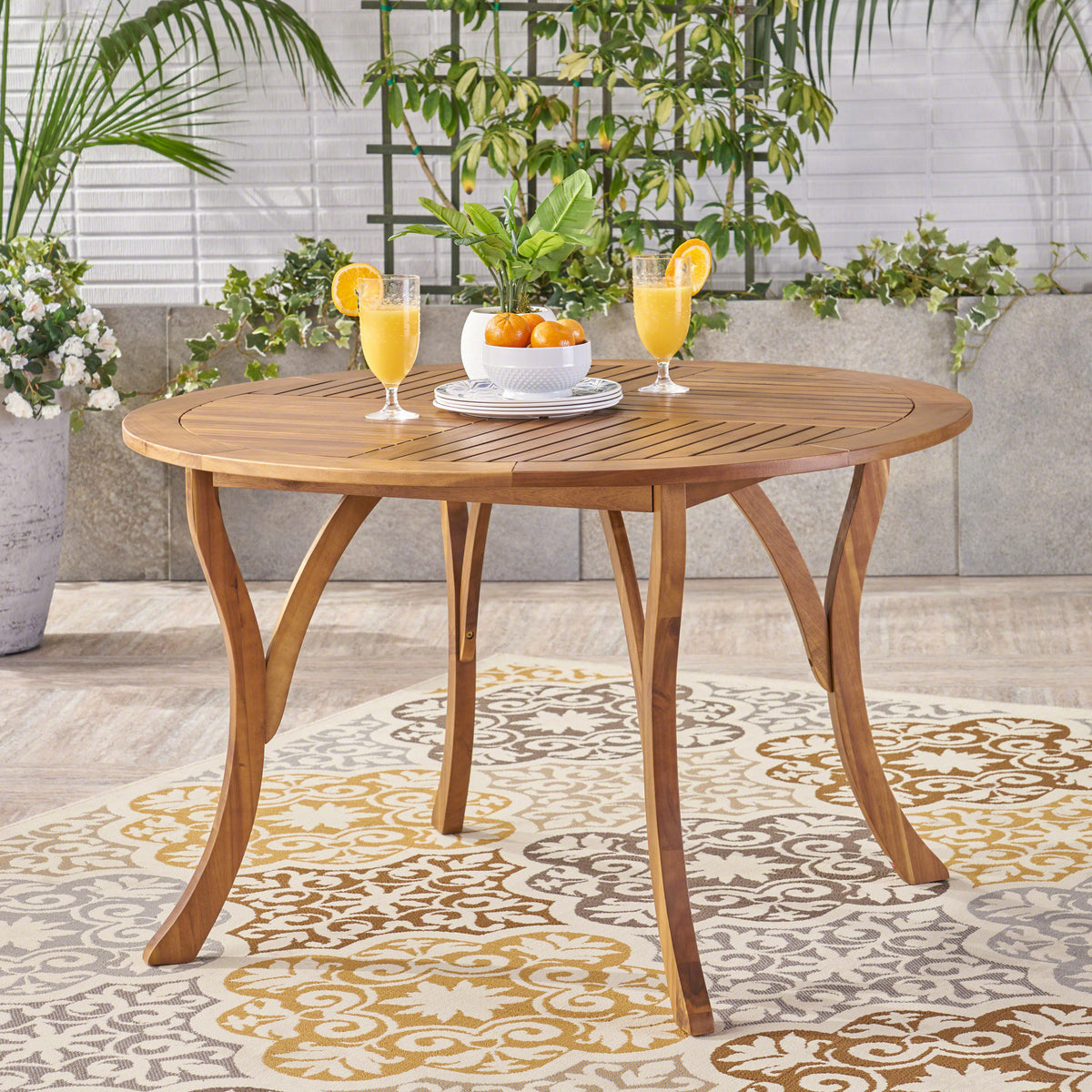 Acacia Wood Outdoor Dining Table – Teak Finish, Circular Design, Perfect for Patios & Gatherings 62916-djyc