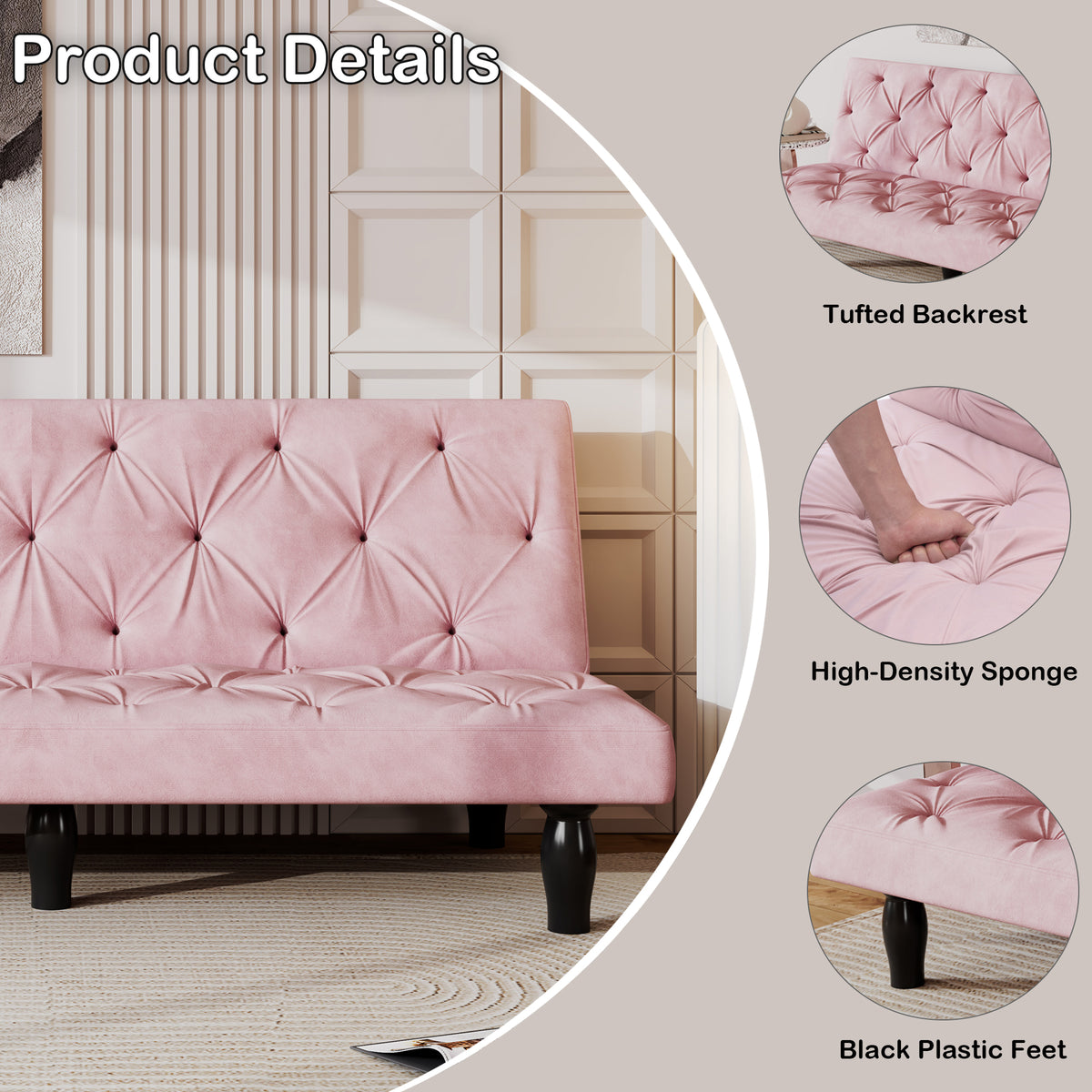 Sofa to Sofa Bed Transformation: 66" Pink Velvet Sofa Bed, Ideal for Family Living Rooms, Apartments & Bedrooms W127860393-djyc