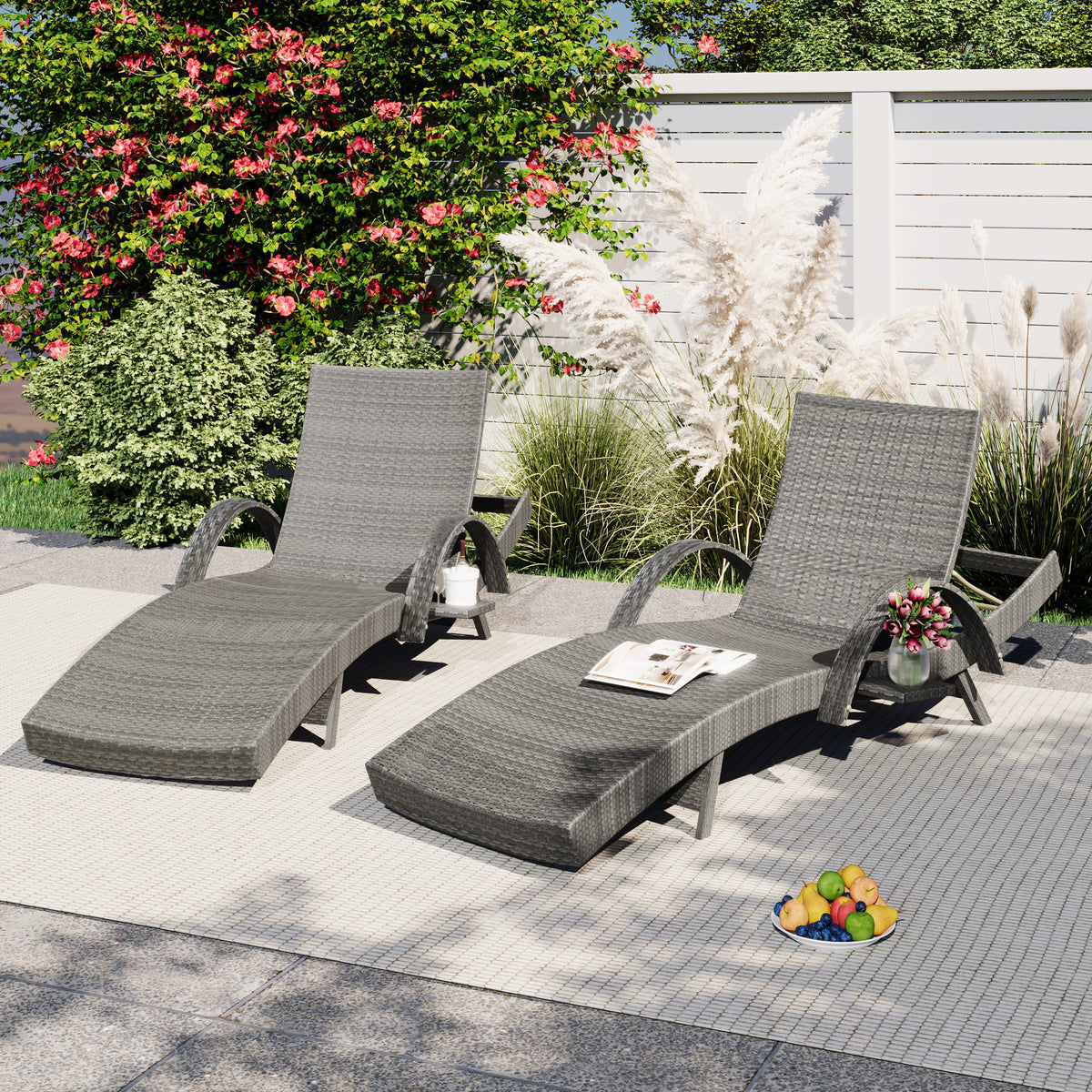 K&K 80'' Outdoor Wicker Chaise Lounge Chairs Set of 2, Patio Rattan Reclining Chair Pull-out Side Table Adjustable Backrest Ergonomic Wave Design Pool Sunbathing Recliners, Grey WF321204AAE-djyc