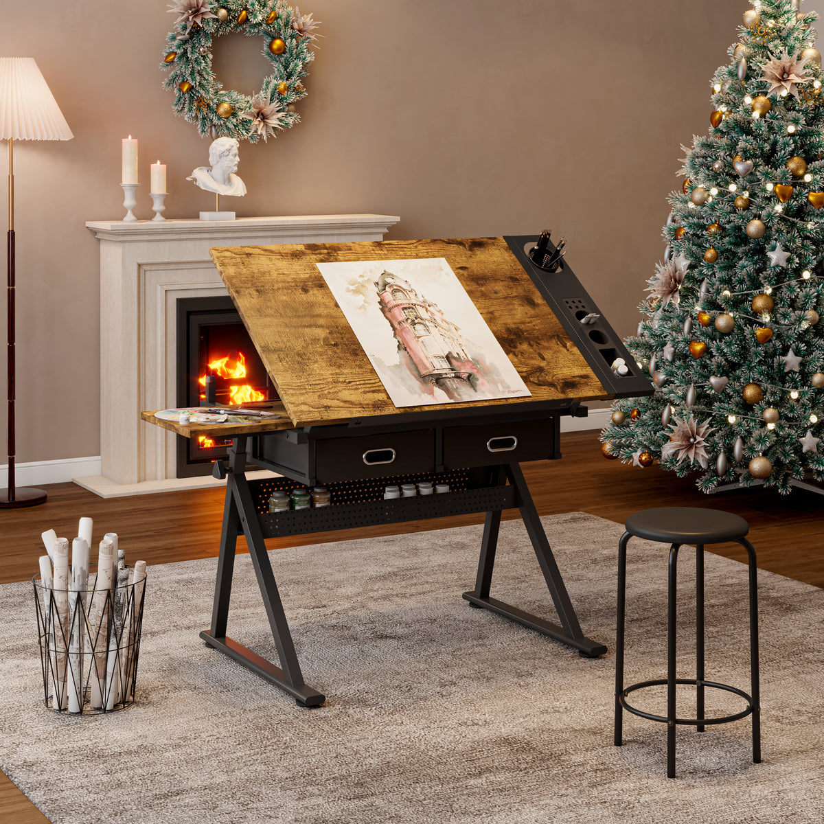 Adjustable Drawing Drafting Table Desk with 2 Drawers & Stool – For Home Office & School, Wooden Design W347P271504-djyc