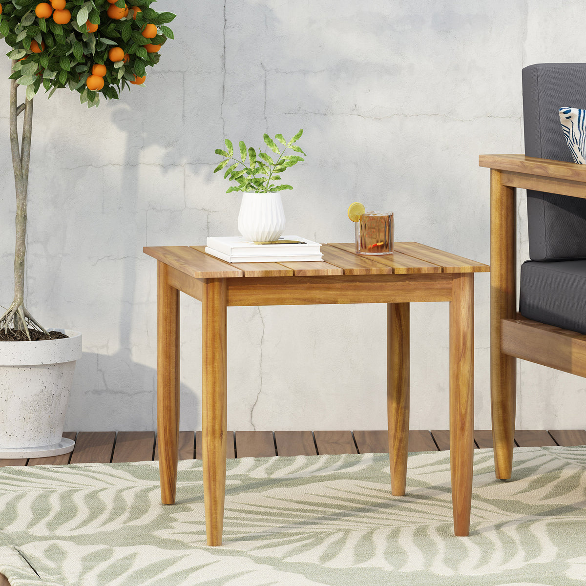 Rustic Acacia Wood Side Table – Slat Design, Durable & Stylish for Outdoor Spaces 70151-djyc