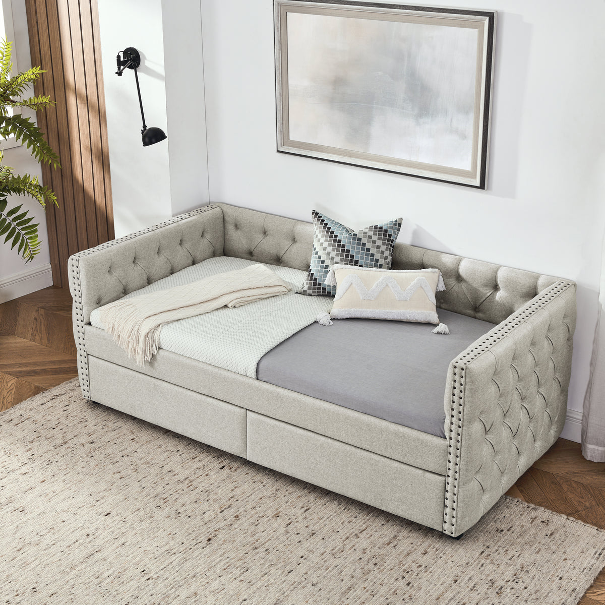 Upholstered Twin Size Daybed with Two Drawers, with Button and Copper Nail on Square Arms, Beige (82.75''x43''x30.75'') W487S00217-djyc