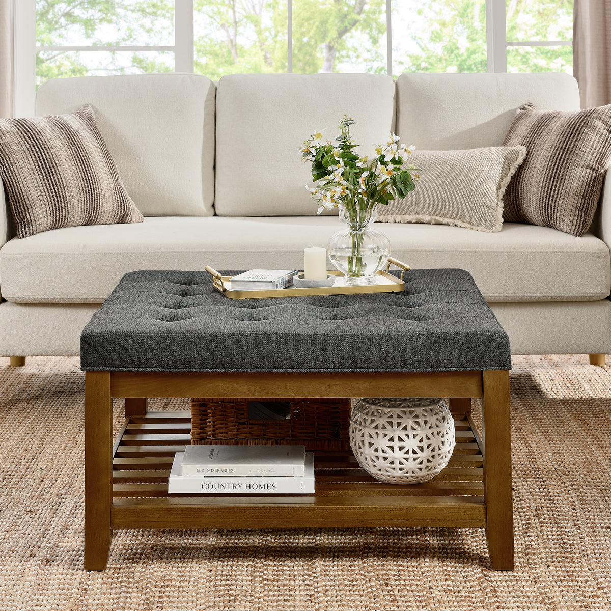 Upholstered Coffee Table Tufted Linen Large Square Ottoman with Beech Wood Shelf and Frame, Oversized Footrest Ottoman for Living Room, Dark Gray W2353P183798-djyc
