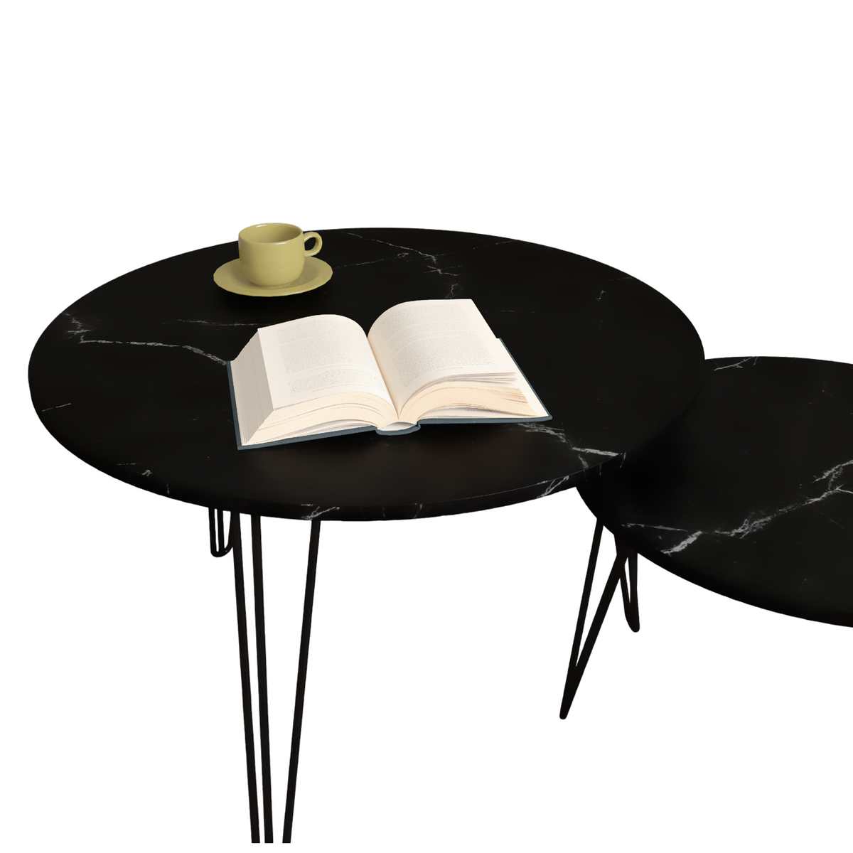 27.56'' Round Nesting Coffee Table Set of 2, Circular Nesting End Table Set, Round Marble Tabletop, and Sturdy Metal Base for Living Room, bedroom, Black W808P176733-djyc
