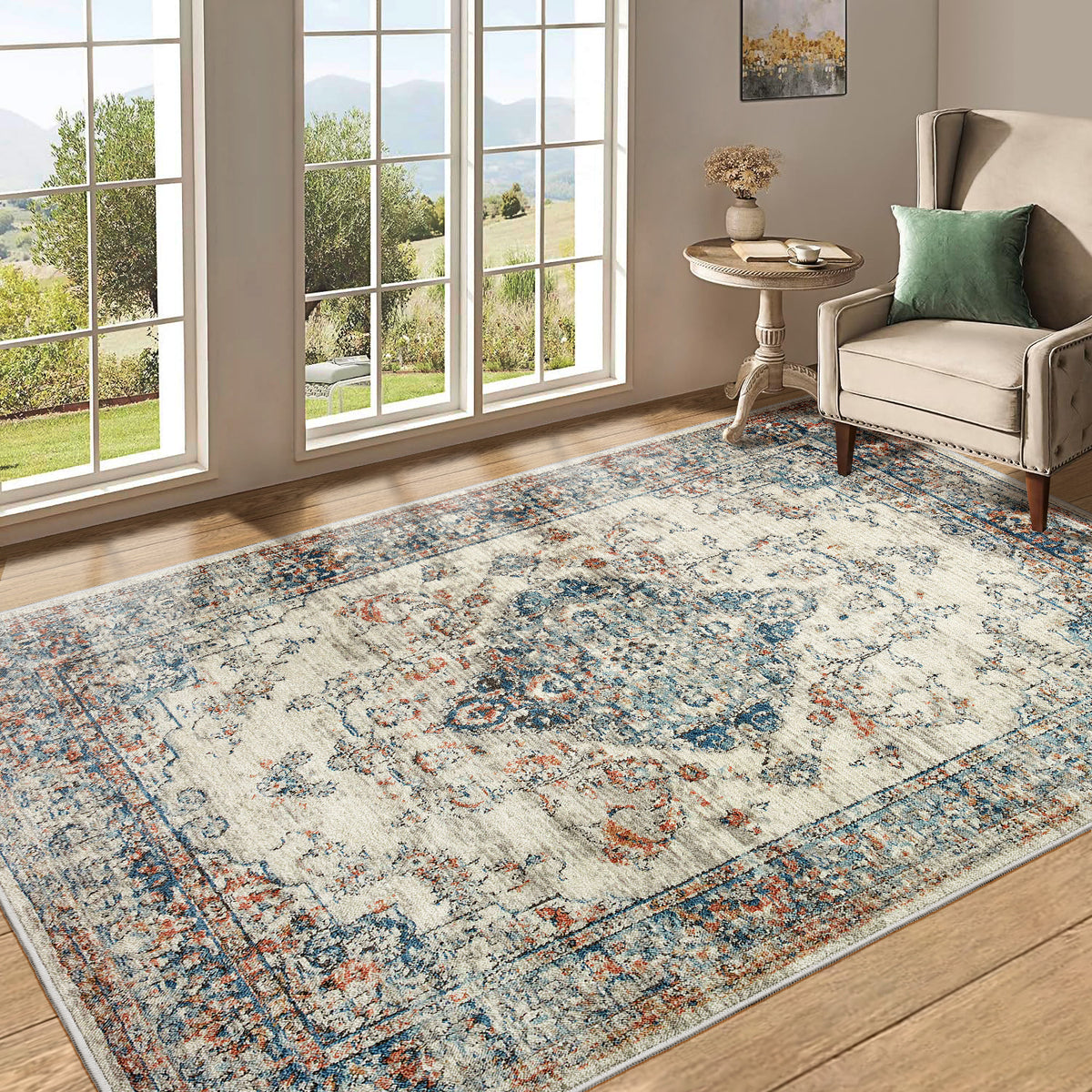 Area Rug 5x7 Vintage Bohemia Large Persian Non-slip Washable Rug For Living Room Kitchen Bedroom Living Room Flower Design Blue/Yellow-W2907P265039