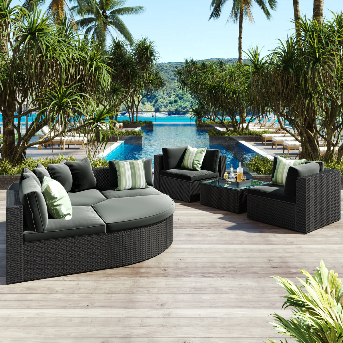 GO 7-piece Outdoor Wicker Sofa Set, Rattan Sofa Lounger, With Striped Green Pillows, Conversation Sofa, For Patio, Garden, Deck, Black Wicker, Gray Cushion FG201212AAE-djyc