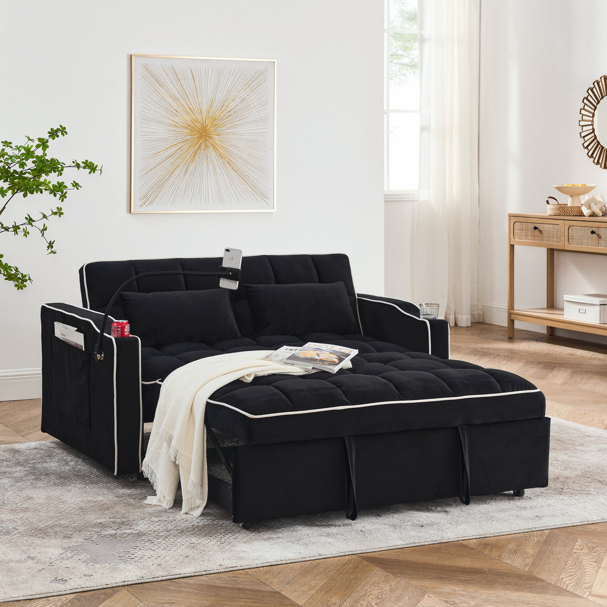 55.51 inch versatile foldable sofa bed in 3 lengths, modern sofa sofa sofa velvet pull-out bed, adjustable back and with USB port and ashtray and swivel phone stand (Black) W2353P151786-djyc