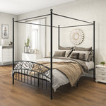 Queen Size Metal Canopy Bed Frame with Headboard and Footboard Black W84034157-djyc