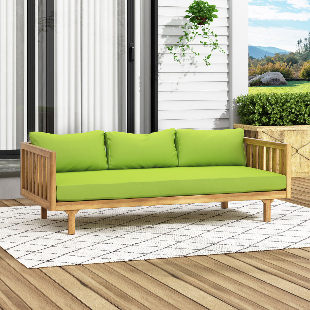 Acacia Wood Daybed with Slat Paneling and Water-Resistant Cushions for Outdoor Comfort 66327.00GRN-djyc