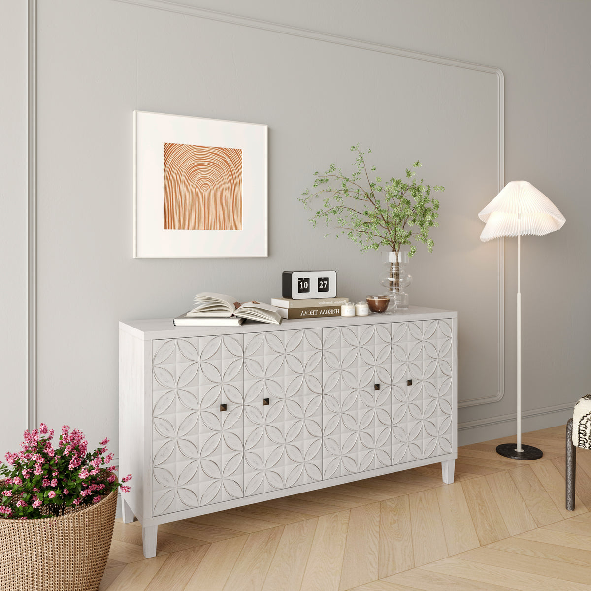 Accent Cabinet 4 Door Wooden Cabinet Sideboard Buffet Server Cabinet Storage Cabinet, for Living Room, Entryway, Hallway, Office, Kitchen and Dining Room, White Wash W1435P153086-djyc