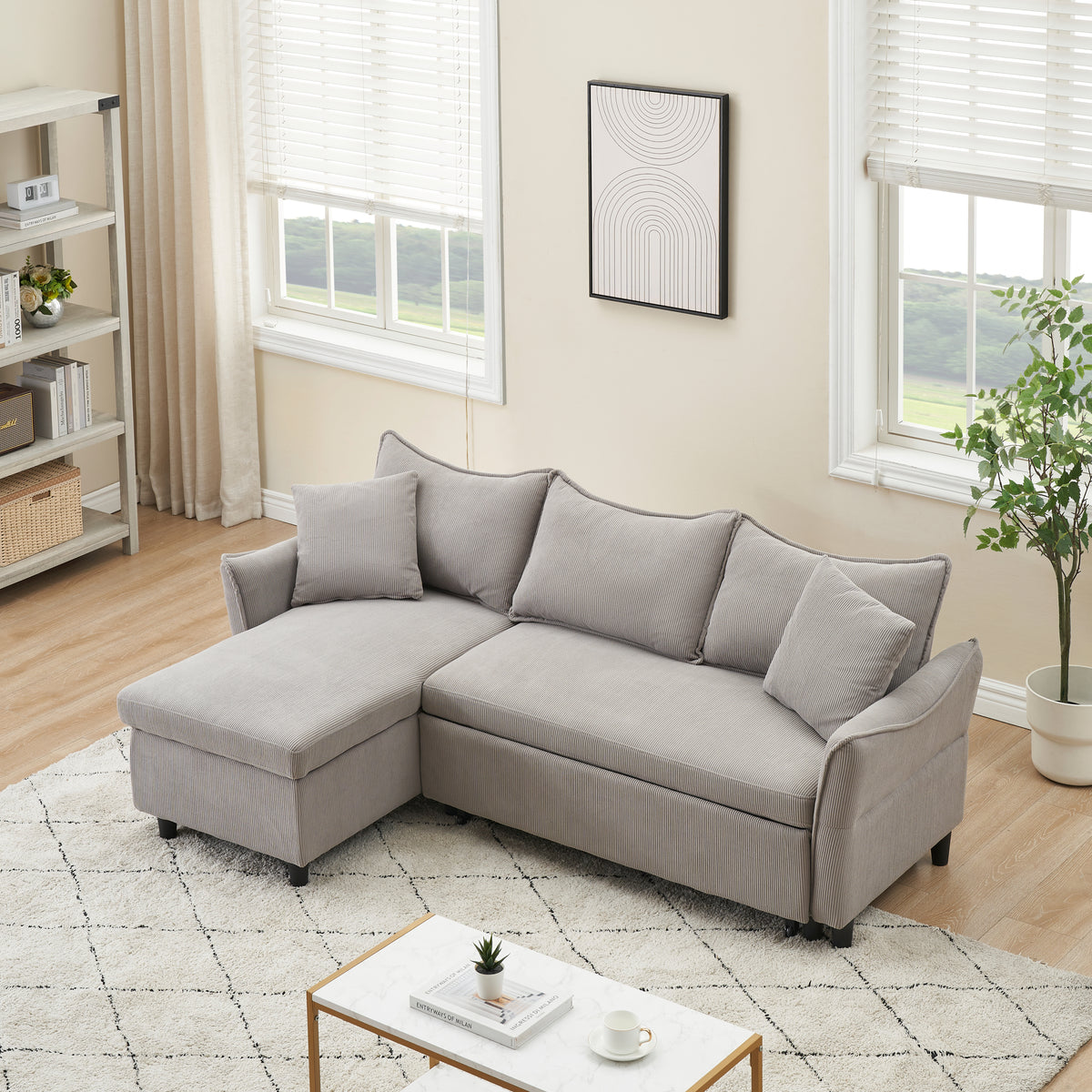 This 80-inch gray corduroy L-shaped sofa comes with two small throw pillows that can be converted into a sofa bed for storage W1278S00027-djyc