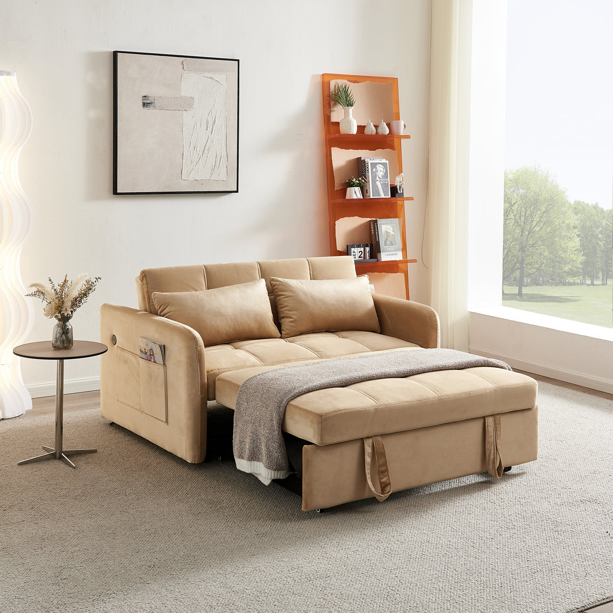 55.5'Twins Pull Out Sofa BedKhaki Velvet W1097104081-djyc