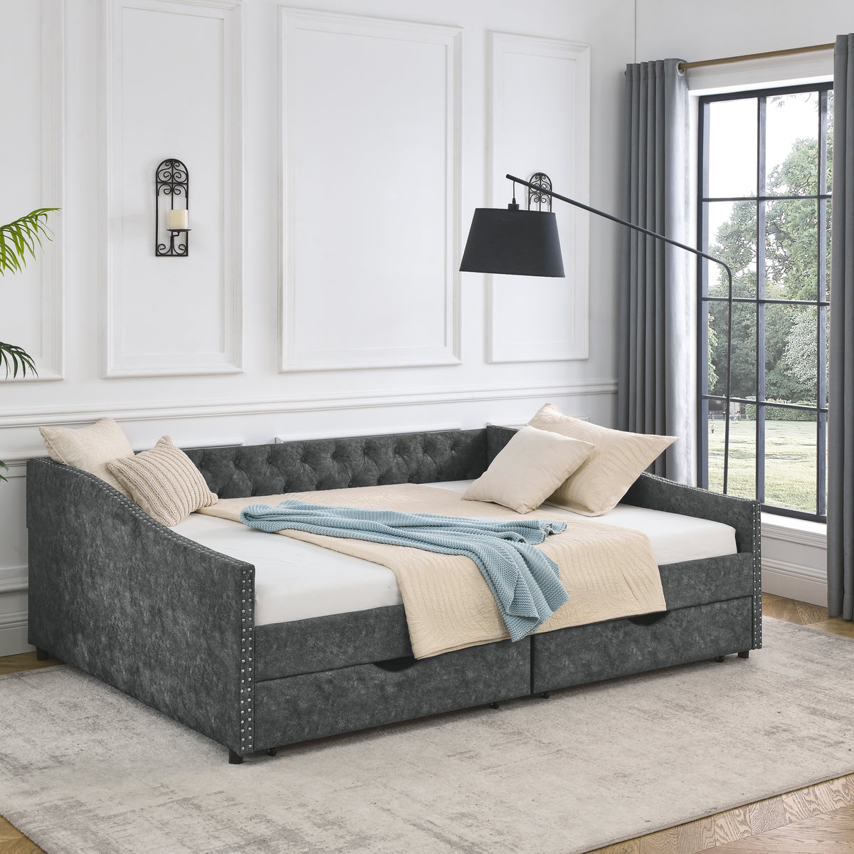 Queen Size Daybed with Drawers Upholstered Tufted Sofa Bed,,with Button on Back and Copper Nail on Waved Shape Arms, Grey (84.5'x63.5'x26.5') W1413S00009-djyc