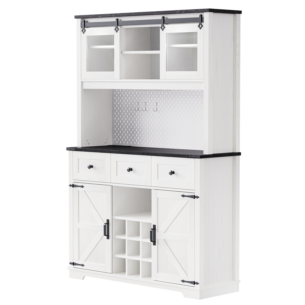 K&K 71" Farmhosue Pantry Bar Cabinet with Internal Storage Rack,Kitchen Cabinet with Hutch,Sliding Door,Power Outlet,Pegboard,Wine & Glasses Rack,3 Drawers,Rustic Coffee Bar Storage Cabinet,White Oak N707S000008W-djyc