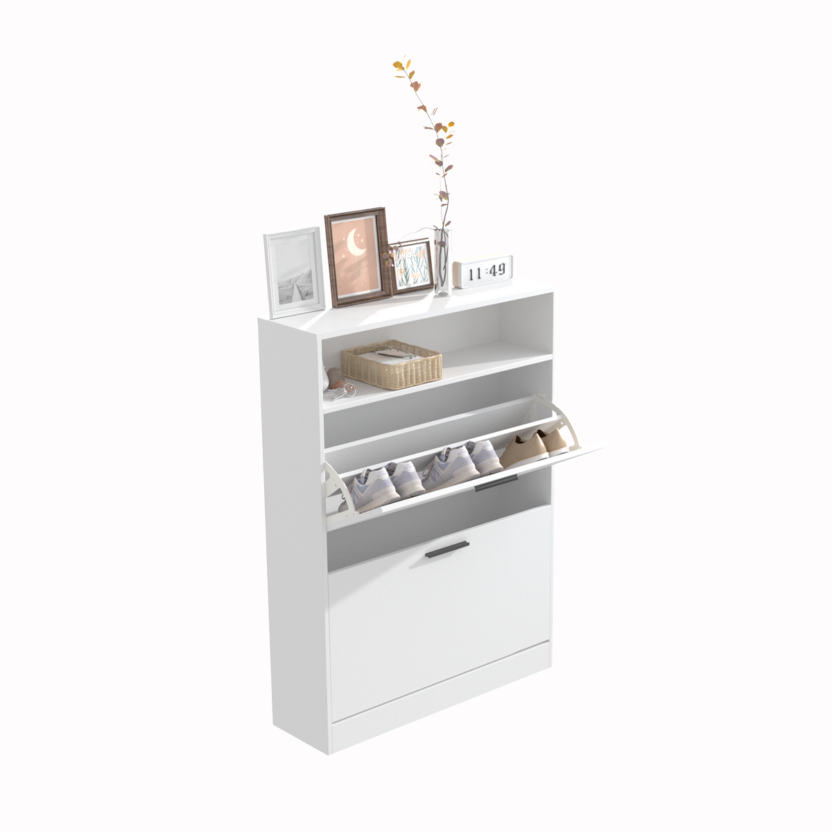 Shoe Storage Cabinet with 2 Flip Drawers, Sturdy Wood Hidden Shoe Storage, Freestanding Narrow Slim Shoe Organizer for Front Door Entrance, Living Room, Hallway, Bedroom (White) W808P174805-djyc