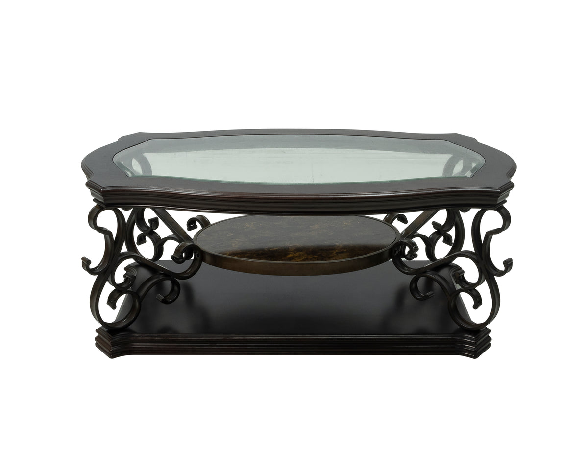 Cocktail Table, Glass table top, MDF W/marble paper middle shelf, powder coat finish metal legs. (52"Lx32"Wx20.3"H) W48720760-djyc