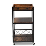 32.6'' Tall Industrial Style Rolling Kitchen Island Wine Cart with Black Finished, Fir Wood Mobile Metal Wine Bar Cart with Glass Rack, Oak Brown W2557P180163-djyc