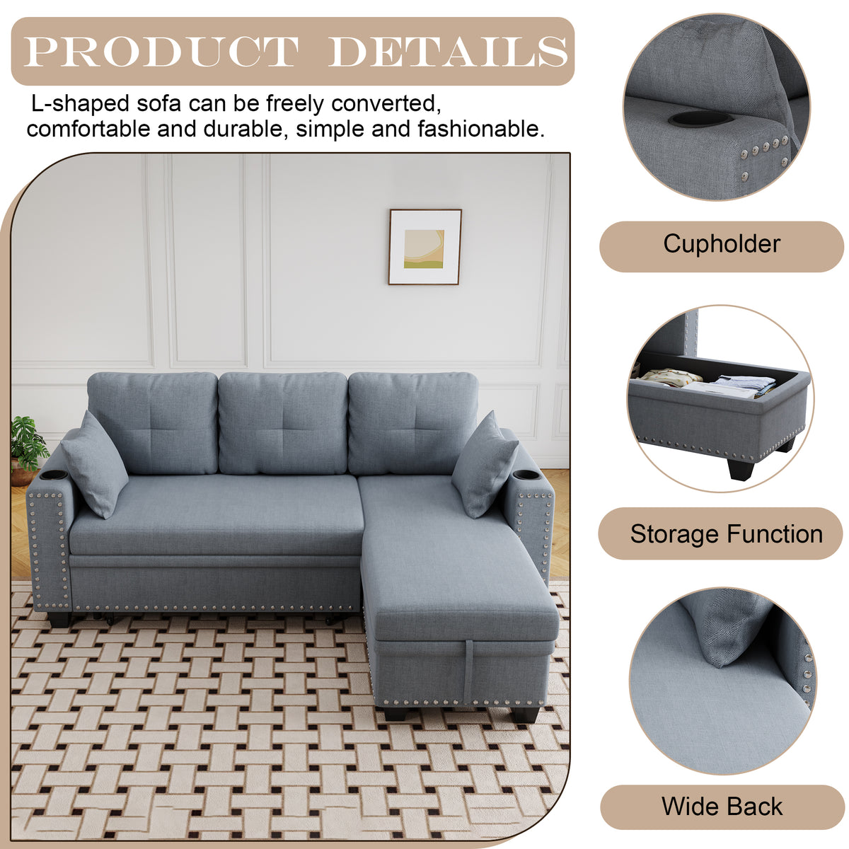 85 "multi-functional dark grey sofa. L-shaped sofa Cotton and linen sofa bed can be combined into one W1278S00008-djyc