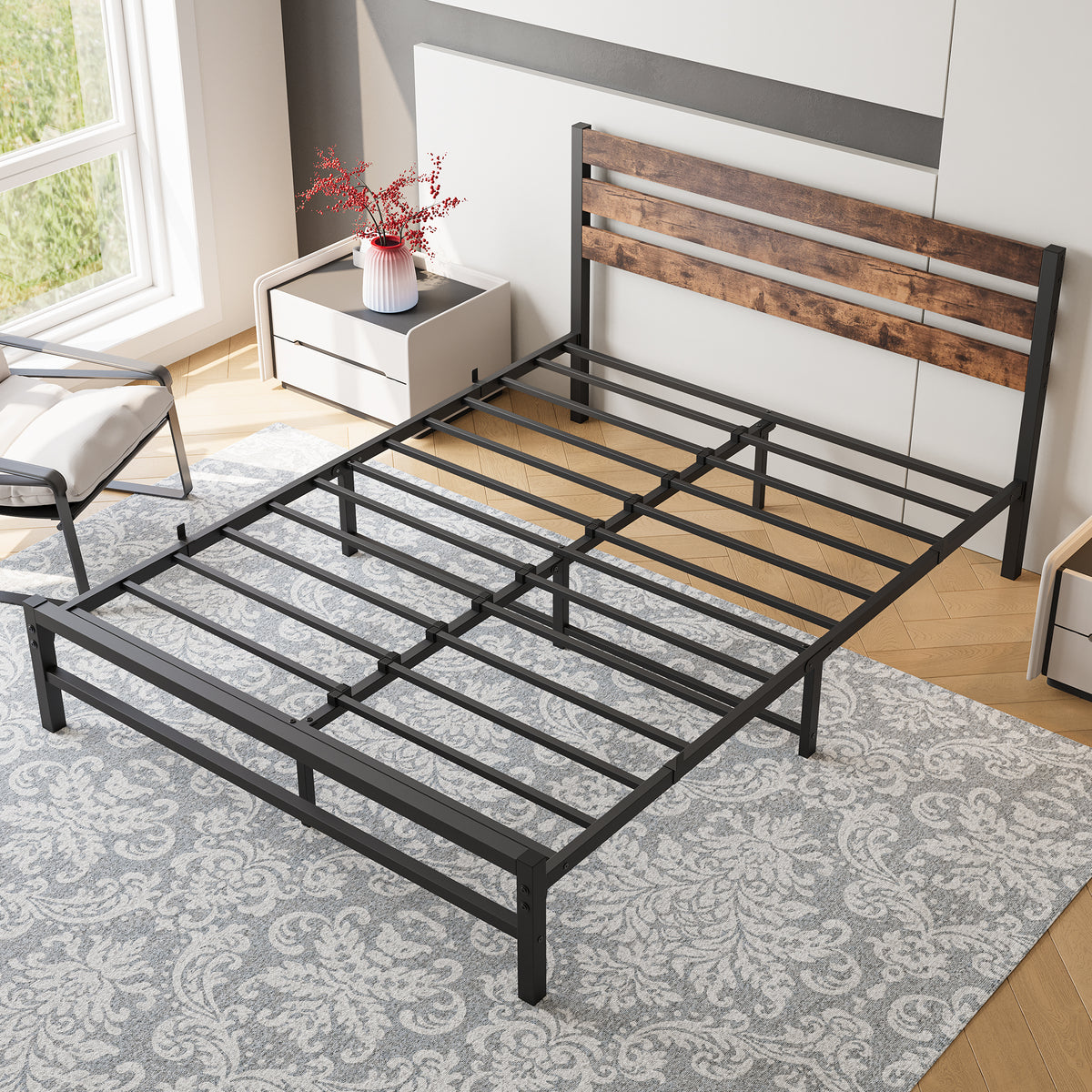 Queen Size Platform Bed Frame with Rustic Vintage Wood Headboard, Strong Metal Slats Support Mattress Foundation, No Box Spring Needed Rustic Brown W84084264-djyc