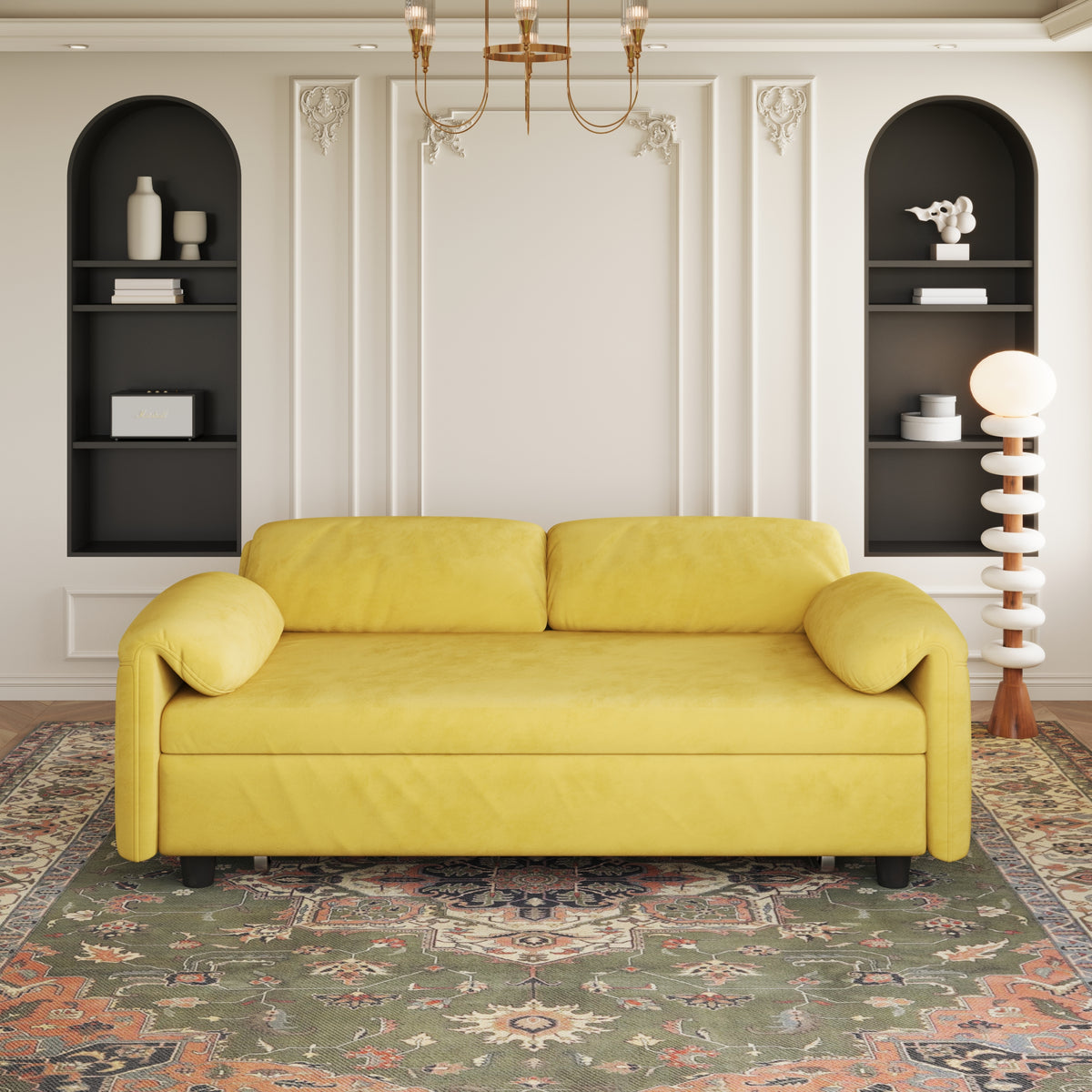 Dual-Purpose Velvet Sofa Bed: Elegant Yellow Sofa Transforms into a Retractable Bed for Your Living Room W1278P152680-djyc