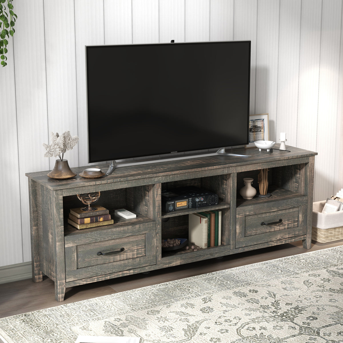70 Inch Length TV Stand for Living Room and Bedroom, with 2 Drawers and 4 High-Capacity Storage Compartment,Black Pine W881123503-djyc
