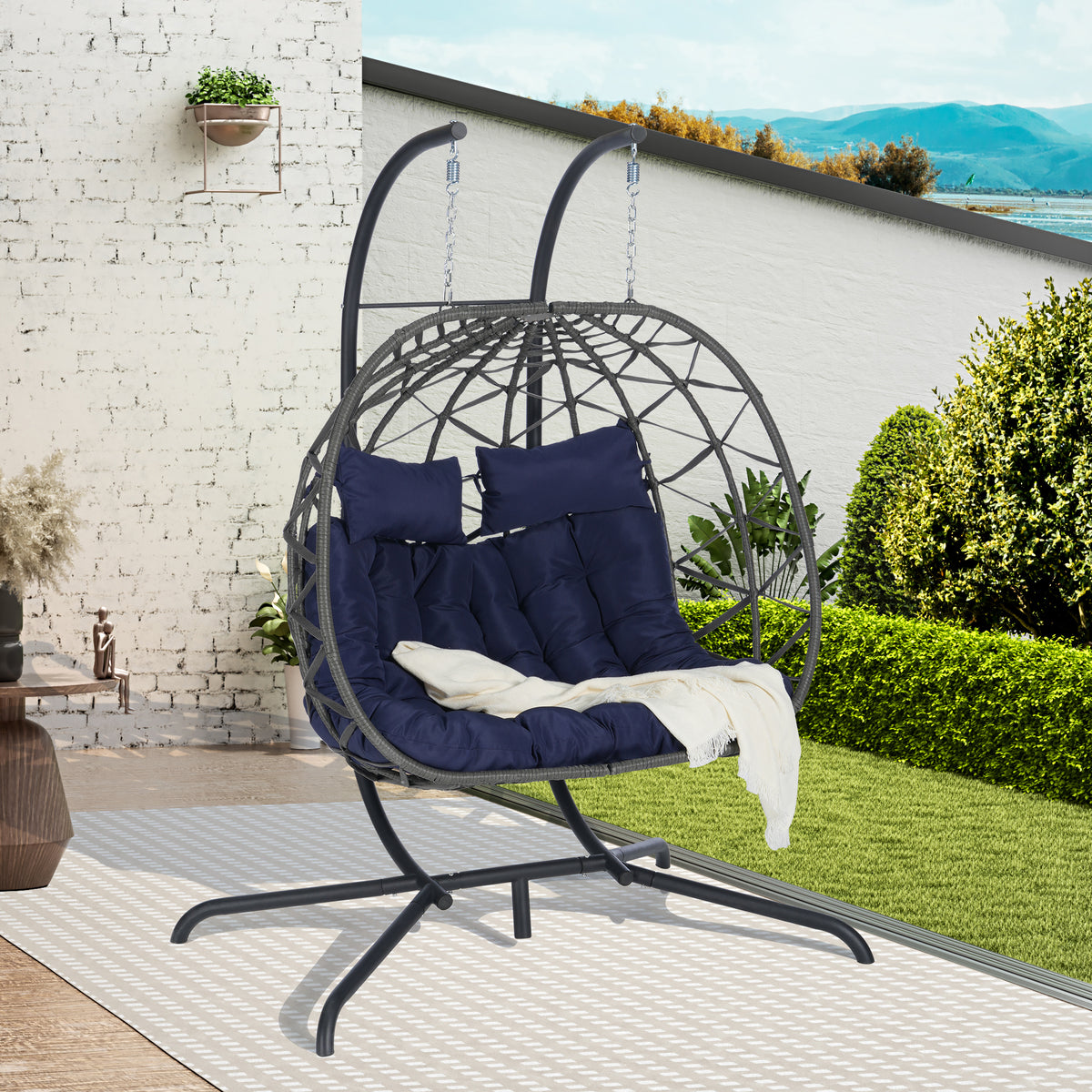 Double Egg Chair with Stand Hanging Indoor Outdoor Wicker Rattan Patio Basket Egg Swing Chair Hammock Egg Chairs with UV Resistant Cushions 600 lbs for Bedroom Balcony Patio W874P270573-djyc