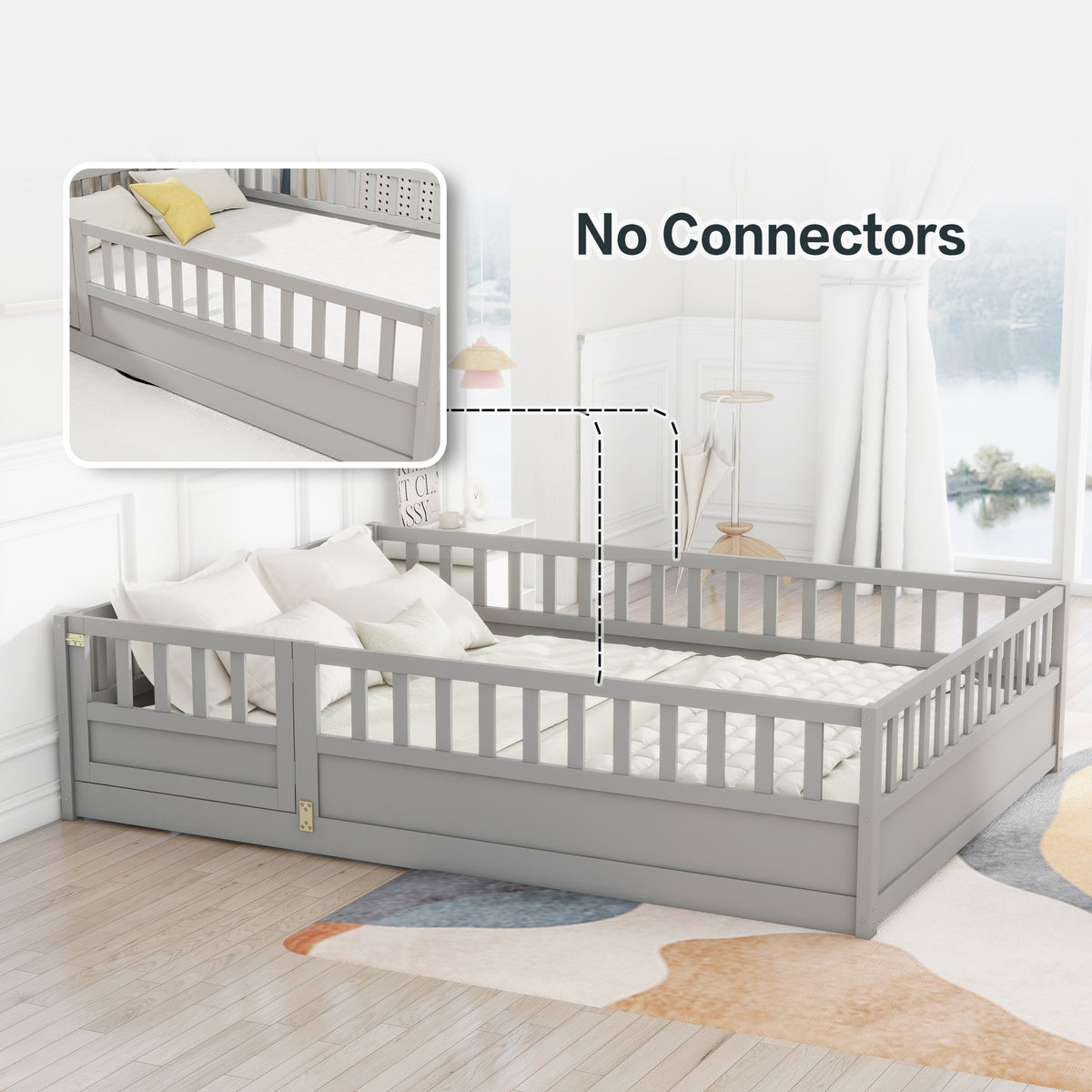 Full sizeFloor bed, integral construction with super high security barrier, door, children's floor bed frame, Montessori wooden children's floor bed, Support slat Grey W1858P164944-djyc
