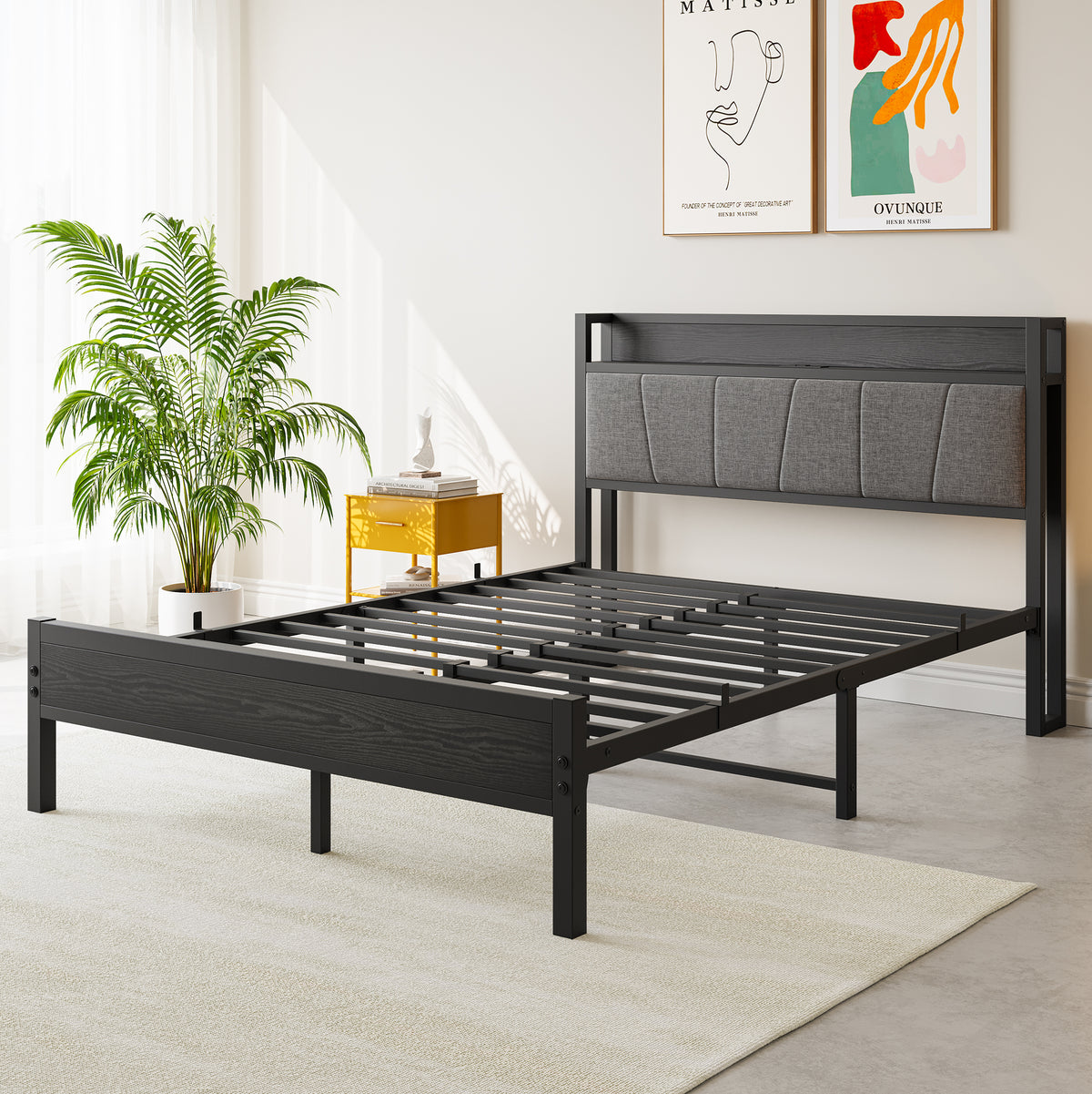 Full Size Bed Frame, Storage Headboard with Charging Station, Solid and Stable, Noise Free, No Box Spring Needed, Easy Assembly W840P179122-djyc