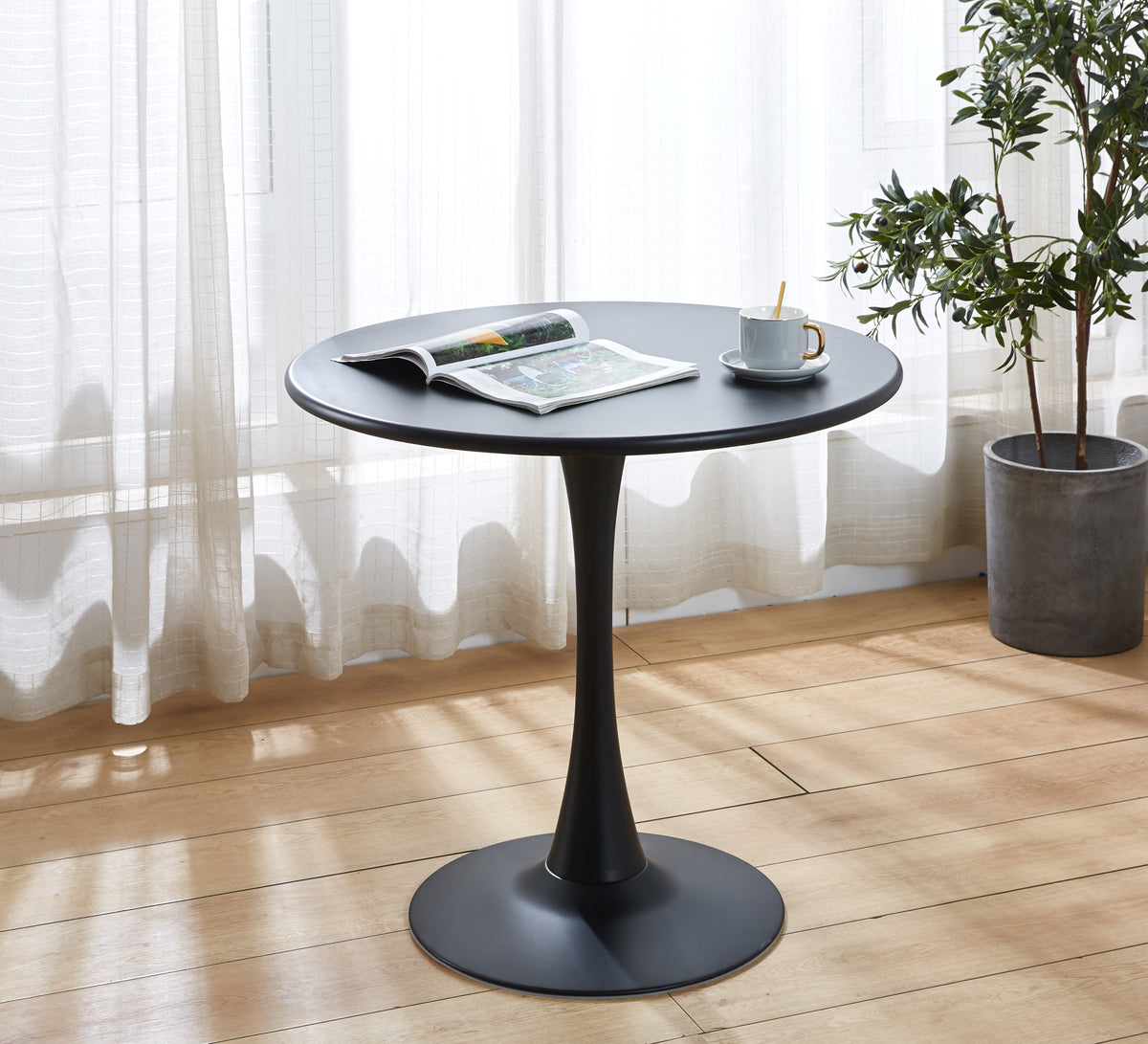 Modern Black Round Dining Table, 31.5" Diameter Solid Metal Base Coffee Table W124165046-djyc