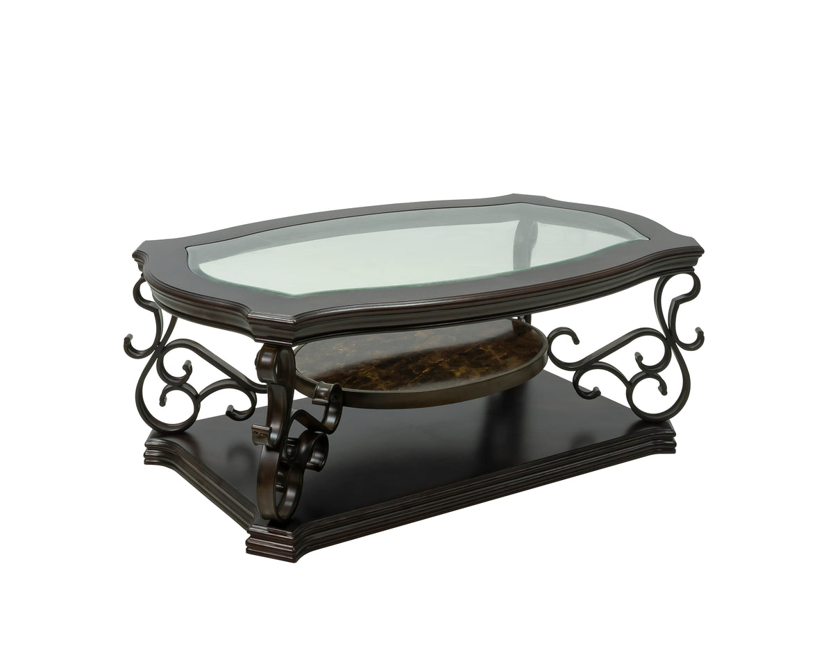 Cocktail Table, Glass table top, MDF W/marble paper middle shelf, powder coat finish metal legs. (52"Lx32"Wx20.3"H) W48720760-djyc