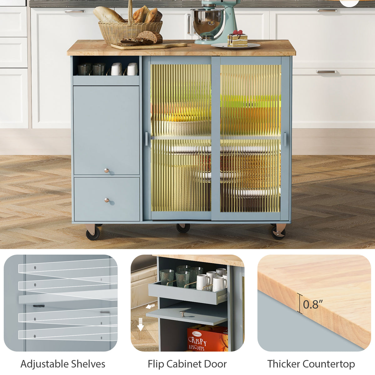 Kitchen Island with Drop Leaf, LED Light Kitchen Cart on Wheels with 2 Fluted Glass Doors and 1 Flip Cabinet Door, Large Kitchen Island Cart with an Adjustable Shelf and 2 Drawers (Grey Blue) WF311171AAG-djyc