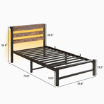 Twin Size Bed Frame Heavy Duty Platform Bed Frame with Headboard, USB Charging Station, LED Bed, No Box Spring Needed, Mattress Foundation, Strong Steel Slats, Noise Free, Brown W840P209879-djyc