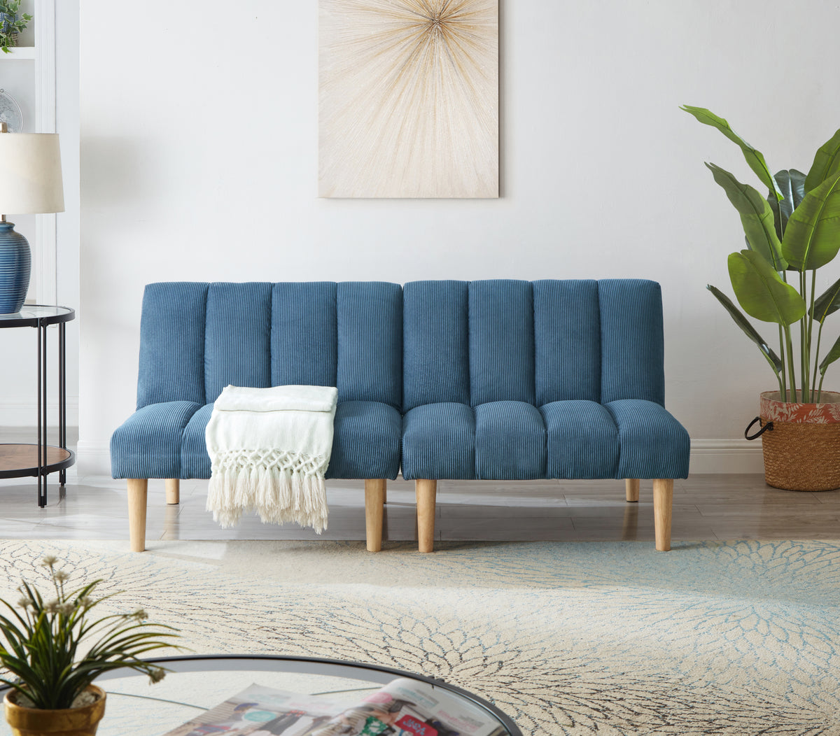 Corduroy fabric, wooden legs convertible sofa bed (Color:Blue) W1669P156117-djyc