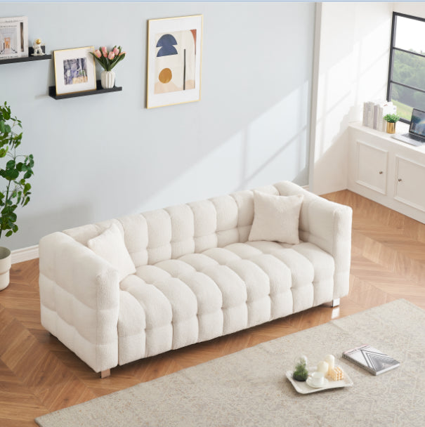 Sophisticated Comfort: Beige White Teddy Plush Sofa - 80 Inch, Perfect for Living Room or Bedroom, Includes Two Throw Pillows and Heavy-Duty Hardware Foot Support W1278141697-djyc