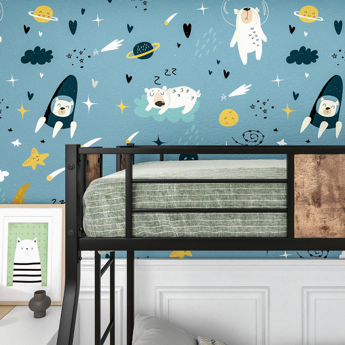 Twin Over Full Metal Bunk Bed, Heavy Duty Metal Bed Frame with Safety Rail , 2 Side Ladders & Decorative Wood ,No Box Spring Needed W840126707-djyc