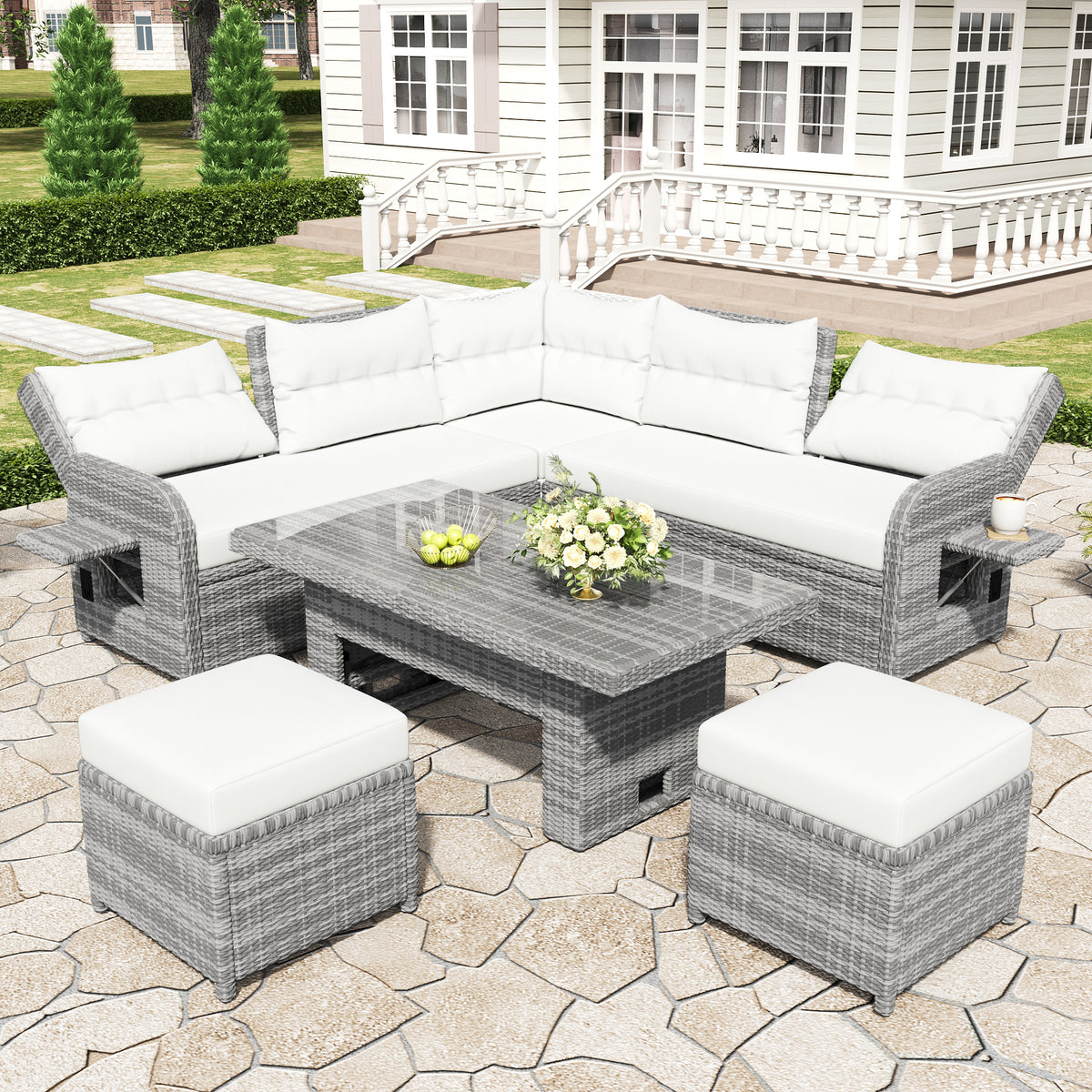 Outdoor Furniture Set Patio Rattan Furniture Set with an Adjustable Table, Recliners with Extendable Side Tables, and Two Ottomans For Patio, Lawn, Backyard, Pool, Beige N719Z000120A-djyc