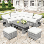 Outdoor Furniture Set Patio Rattan Furniture Set with an Adjustable Table, Recliners with Extendable Side Tables, and Two Ottomans For Patio, Lawn, Backyard, Pool, Beige N719Z000120A-djyc