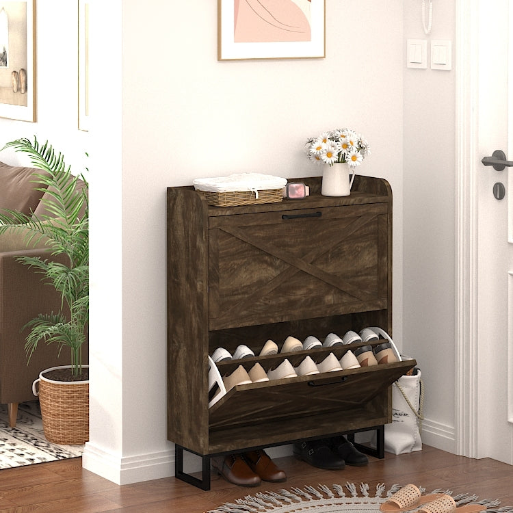 Shoe Storage Cabinet with 2 Flip Drawers, Freestanding Organizer with Metal Legs for Entryway, Narrow Shoe Rack Cabinet, Rustic Brown W1347P183668-djyc