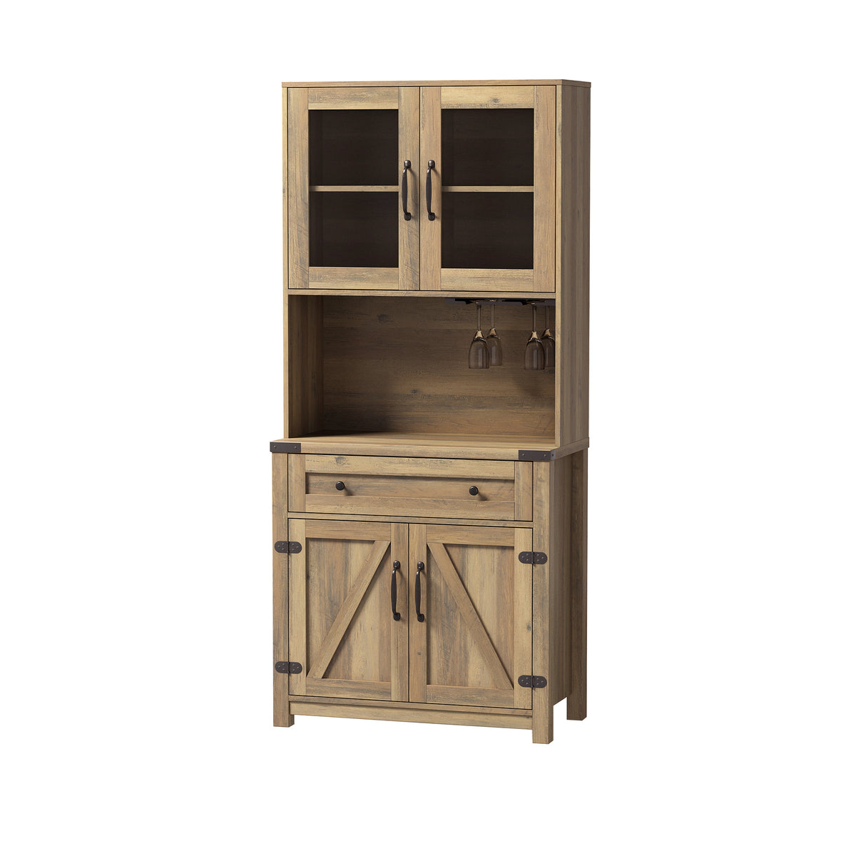 Modern Farmhouse Double Barn Door Accent Bar Cabinet with Goblet Holder, Yellow Walnut W881S00005-djyc