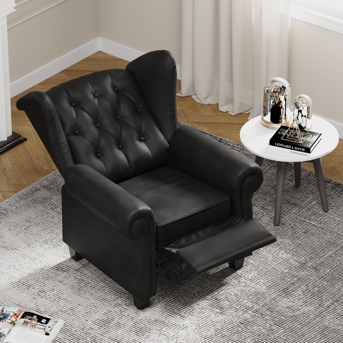 Modern Tufted Push Back Armchair Technical Leather Chair, Adjustable Single Sofa Chair with Sturdy Wood Legs for Bedroom, Living Room, Small Space(Color:Black) W1669P199585-djyc