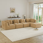 Modern Modular Sectional Sofa for Living Room, Corduroy Fabric, 4-Seater Couch with Deep Seat and Movable Ottoman,Pearl-like piping, Tufted Design,No Assembly, Anti-slip Design,Camel-W714S01787