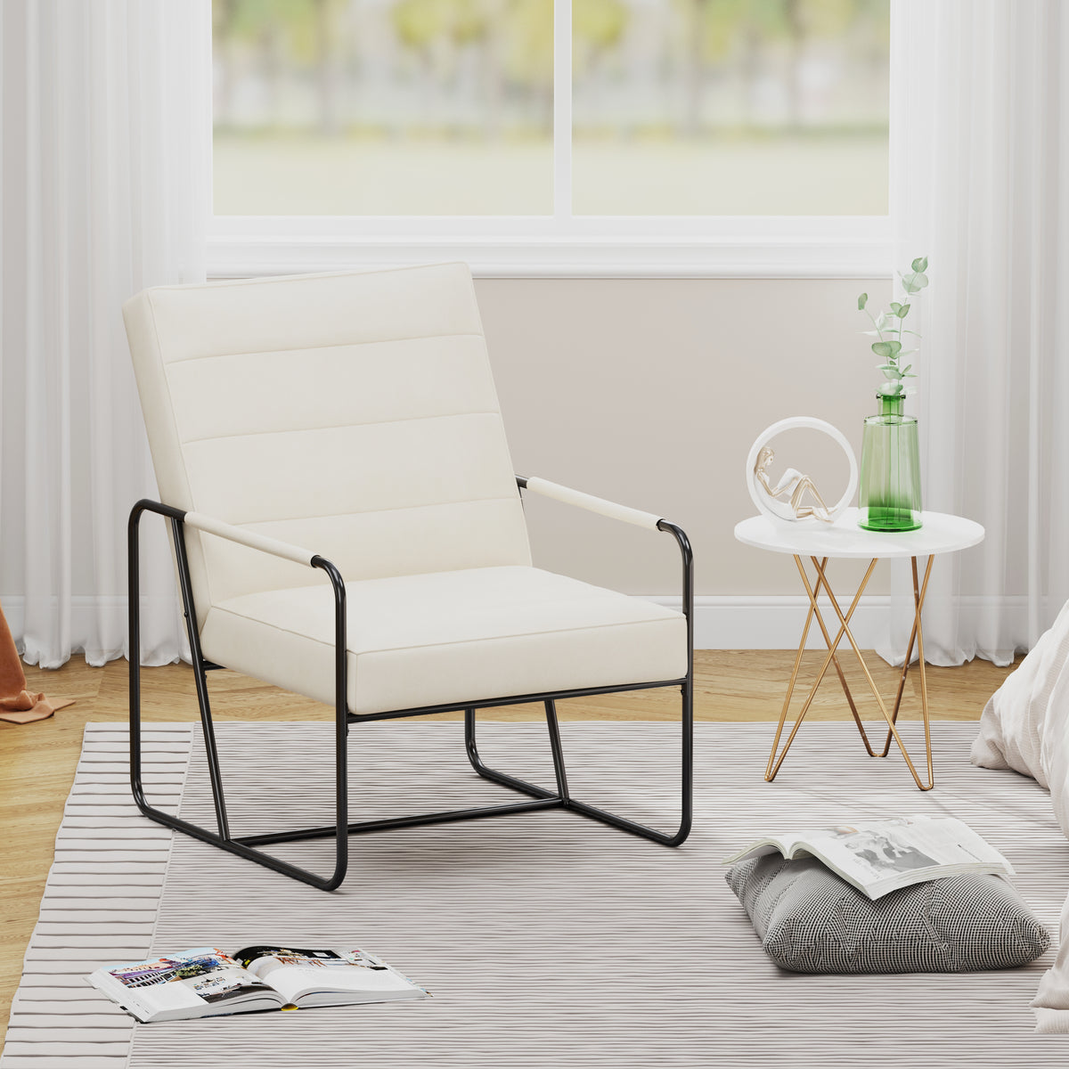 Modern Metal Framed Armchair with Beige Technical Leather, Stylish & Comfortable Indoor Lounge Accent Chair for Living Room, Office,Bedroom W1669P197989-djyc